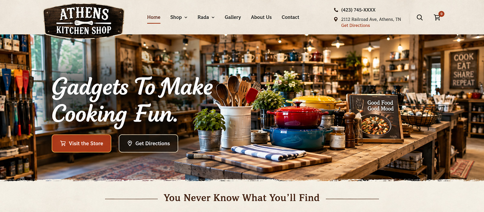Inside Athens Kitchen Shop with cookware, gadgets and kitchen essentials on display
